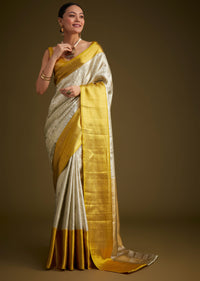Silver Kanjivaram Silk Saree With Gold Contrast Border