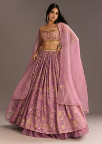 Pink Organza Double Layered Lehenga Set With Handwork Embroidery
