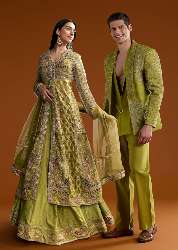 Green Festive Duo – Tissue Kurta Lehenga Set For Her And Embroidered Tuxedo Set For Him