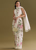 White Cotton Linen Saree With Pink Rose Prints