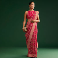 Rani Pink Khaddi Georgette Saree With Zari Woven Jaal Work