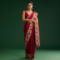 Maroon Georgette Saree With Zari And Multicolour Thread Accents