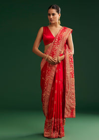 Red Satin Saree With Zari Weave