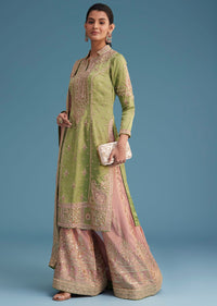 Green Silk Palazzo Set With Zardosi And Sequins Work