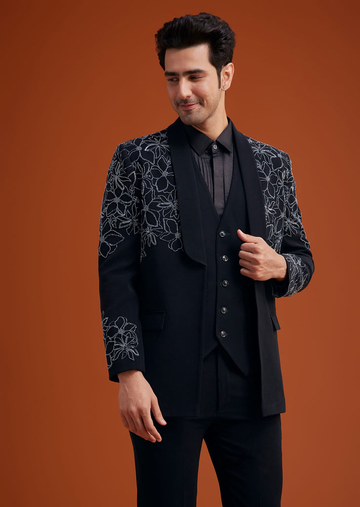 Black Embroidered Floral Tuxedo Set