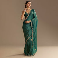 Teal Green Crushed Tissue Saree With Cutdana Embroidery And Scallop Border