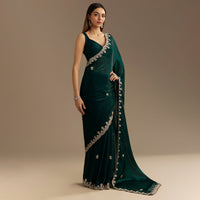 Teal Green Satin Saree With Zardosi Embroidery And Scallop Border