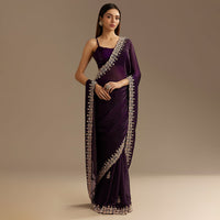 Purple Satin Saree With Gotapatti Work And Scallop Border