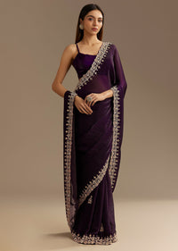 Purple Satin Saree With Gotapatti Work And Scallop Border