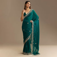 Teal Green Satin Saree With Zardosi Moti Embroidery And Scallop Border