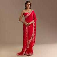 Red Satin Saree With Zardosi Embroidery And Scallop Border