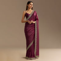 Wine Crushed Tissue Saree With Cutdana And Stone Embroidery