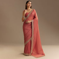 Dusty Brown Crushed Tissue Saree With Scallop Border And Stone Embroidery