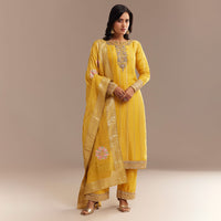 Yellow Tissue Zardosi Embroidered Kurta Pant Set