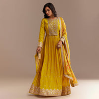 Mustard Yellow Chiffon Zardosi Anarkali Set