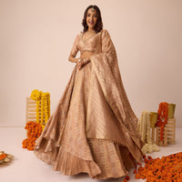 Peach Embroidered Blouse With Ruching Lehenga And Tassel Dupatta