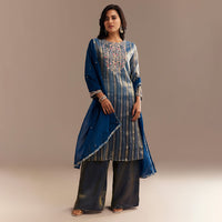 Teal Blue Tissue Zardosi Embroidered Palazzo Set