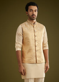 Gold Banarasi Silk Kurta Jacket Set With Hand Work