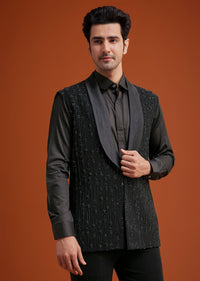 Black Long Open Jacket Set With Tonal Beaded Embroidery