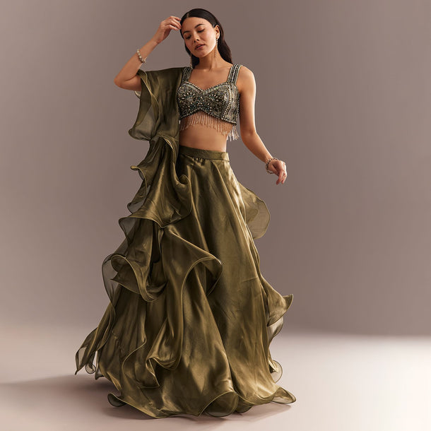 Mehendi Green Organza Choli Lehenga With Ruffled Dupatta