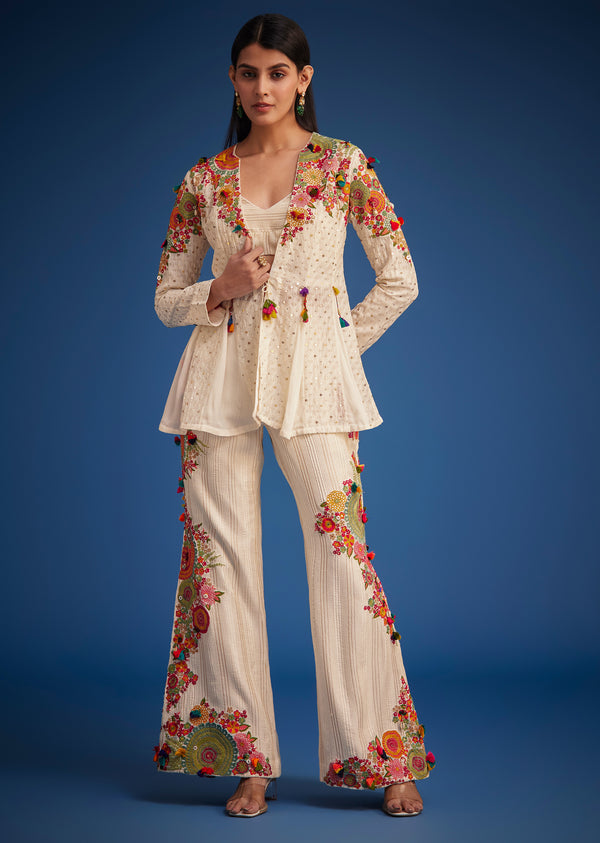 White Silk Embroidered Jacket Palazzo Set
