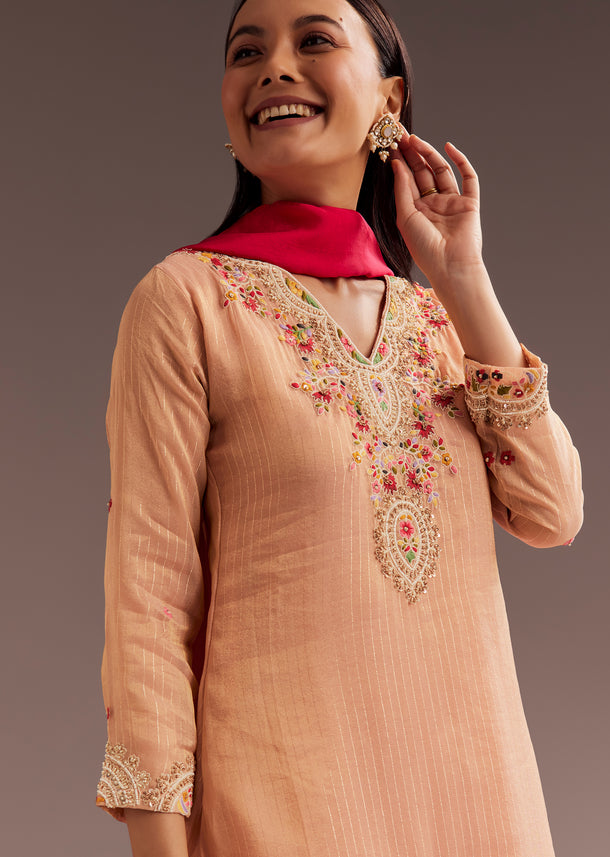 Peach Thread Moti Kurta Palazzo Dupatta Set