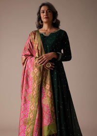 Hunter Green Anarkali Suit In Silk With Badla Buttis And Patola Printed Silk Dupatta