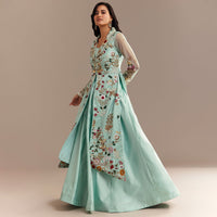 Light Aqua Blue Zardosi Embroidered Jacket Lehenga Set