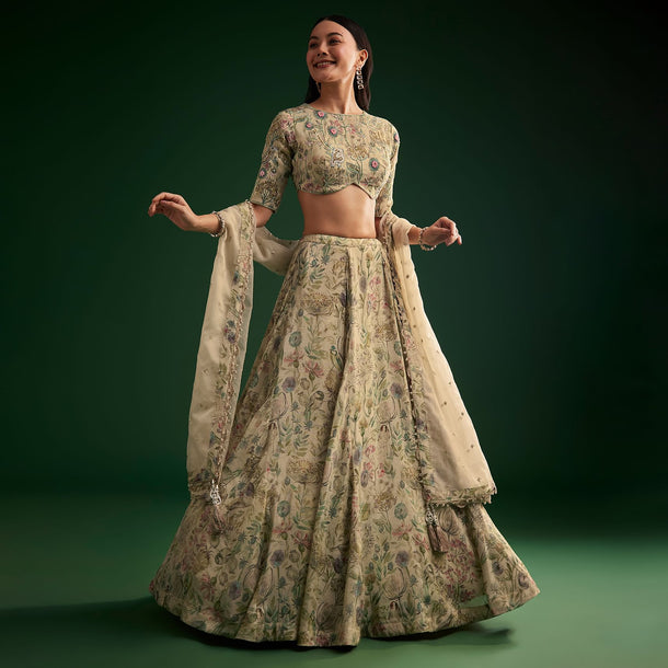 Cream Floral Lehenga Choli With Organza Dupatta