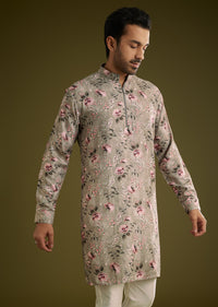 Grey Printed Kurta Set In Russian Silk With Zipper