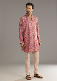 Red Pashmina Silk Zipper Kurta Set With Paisley Swirl Print