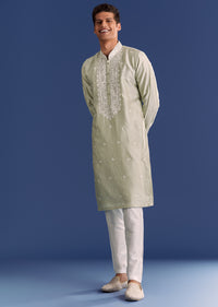 Light Grey Raw Silk Kurta Set With Embroidery
