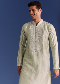 Light Grey Raw Silk Kurta Set With Embroidery