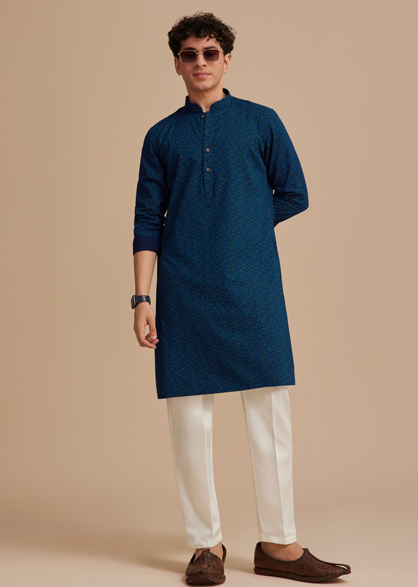 Blue Cotton Denim Printed Kurta Set
