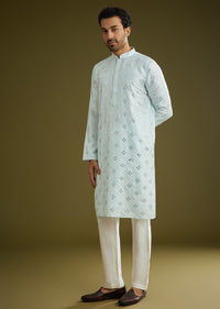 Blue Silk Blend Kurta Set With Mirror Work