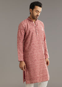 Pink Muslin Kurta Set With Symmetric Prints