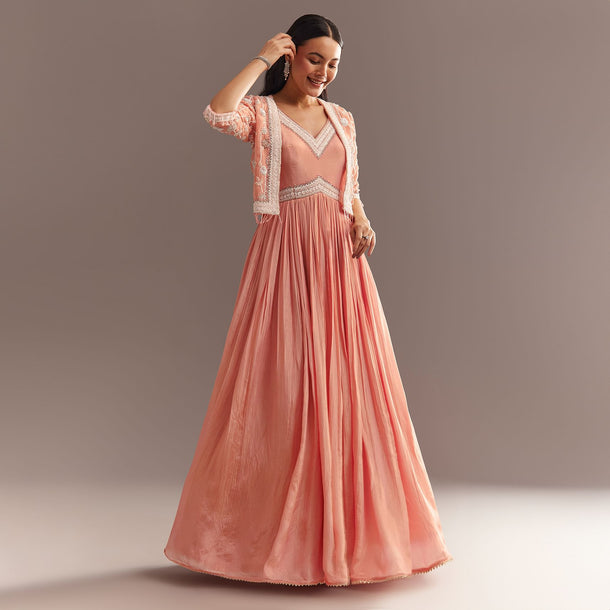 Peach Tissue Gown With Embroidered Jacket