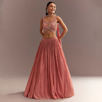 Peach French Tissue Lehenga Choli With Choker Dupatta