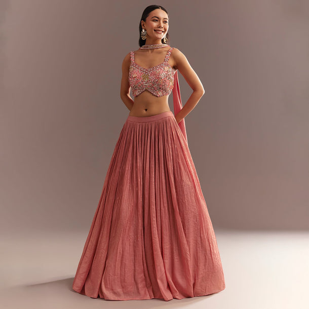 Peach French Tissue Lehenga Choli With Choker Dupatta