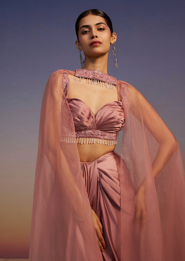 Blush Pink Drape Skirt Set With Embroidered Choker Dupatta