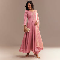 Pink Muslin Mirror Embroidered Anarkali Set