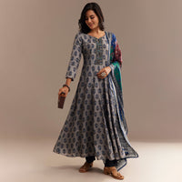 Grey Roman Silk Printed Anarkali Set