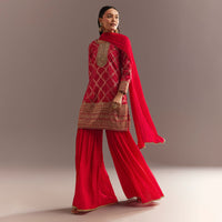 Red Bandhani Zari Kurta And Jacquard Sharara With Chiffon Dupatta