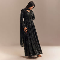 Black Sequined High Slit Anarkali Set