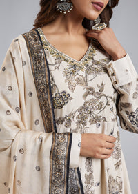 Beige Floral Printed Crepe Anarkali Set With Chinon Dupatta