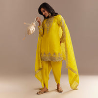 Yellow Satin Zari Embroidered Dhoti Kurta Set