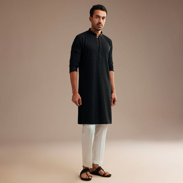 Black Rayon Kurta Set With Self Work Embroidery