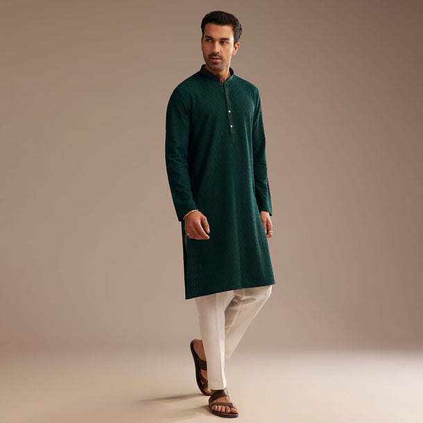 Bottle Green Rayon Embroidered Kurta Set