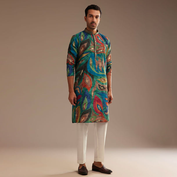 Peacock Blue Multi Color Silk Abstract Printed Kurta Set