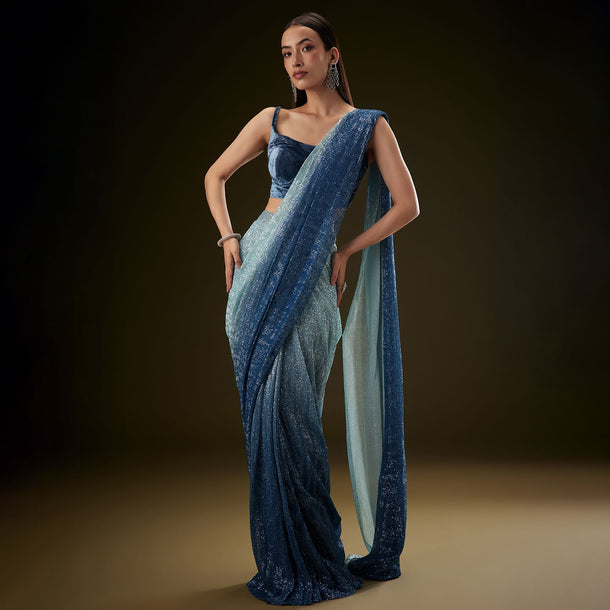 Teal Ombre Sequence Ready To Wear Saree With Velvet Blouse